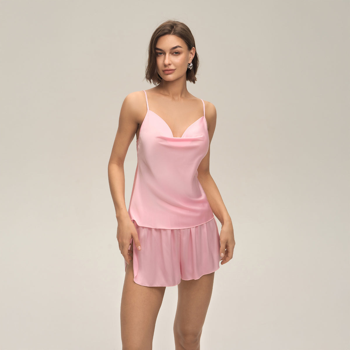 Cowl Neck Satin Camisole and Shorts Set