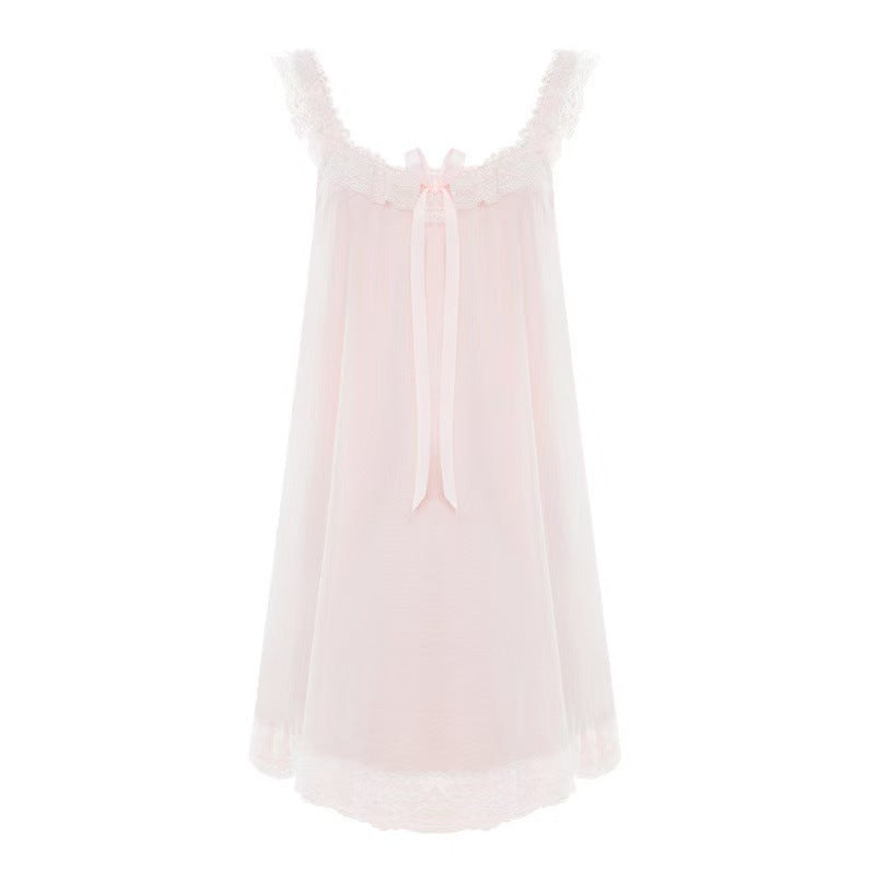 Ruffle Strap Mesh Nightgown with Lace Hem