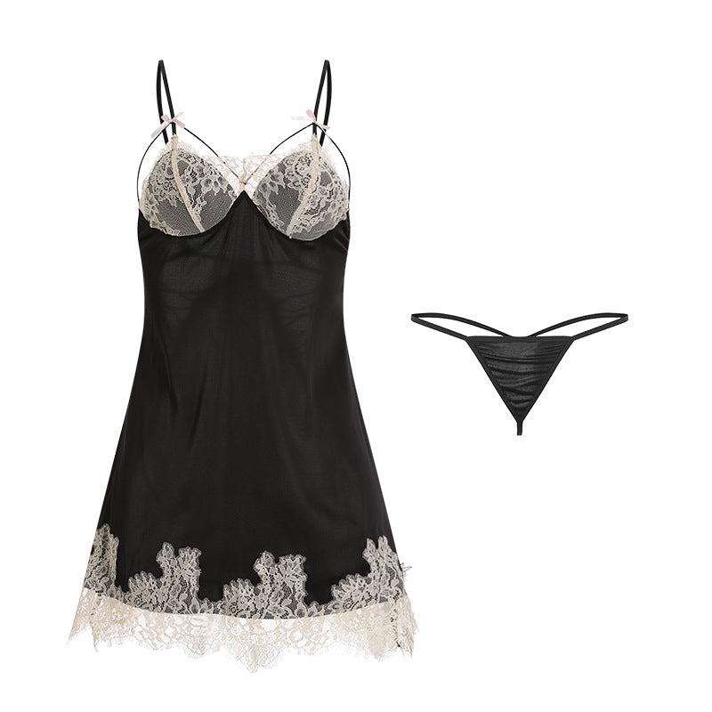 Lace Cup Satin Chemise with Matching Thong