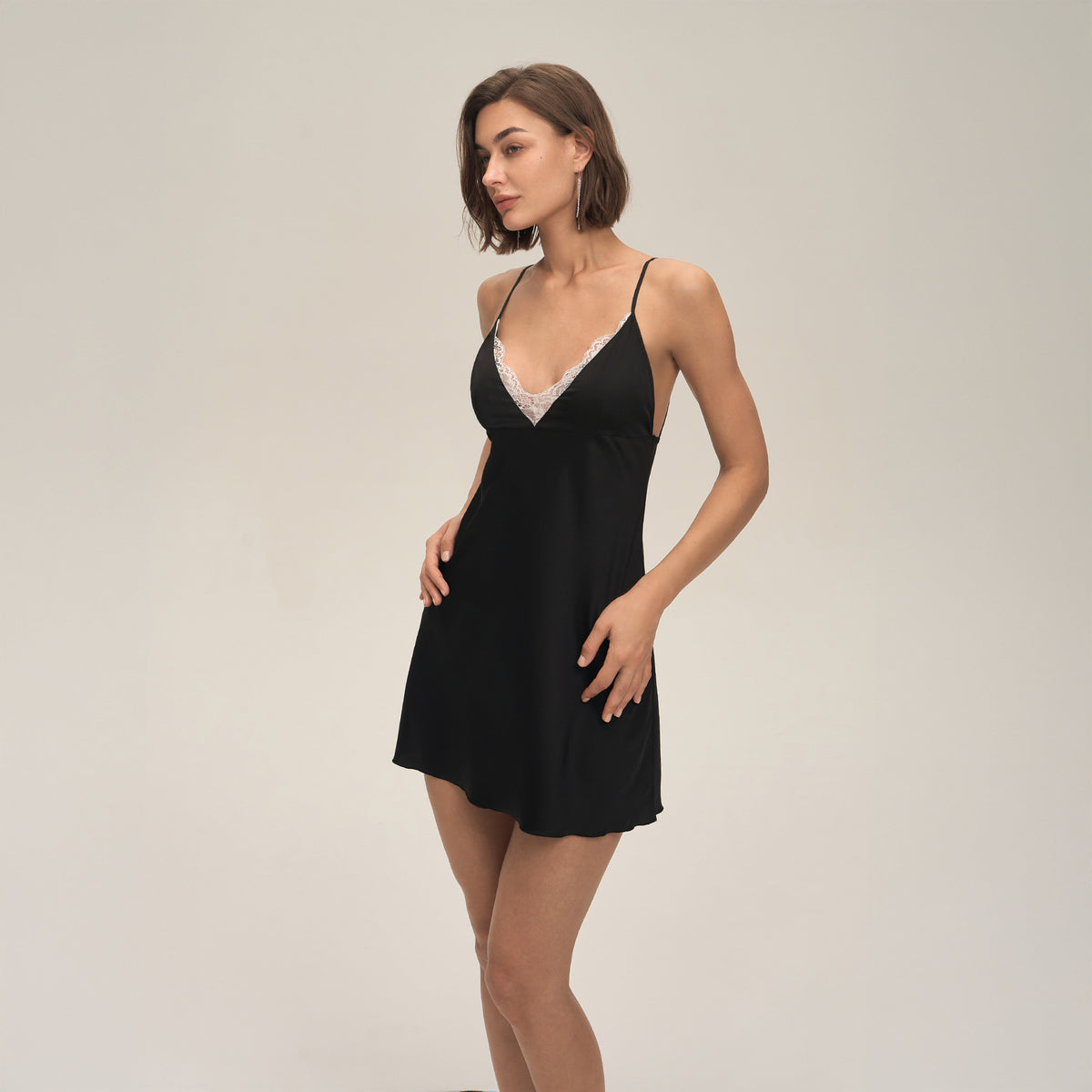 Lace Trimmed Satin Chemise with Open Back