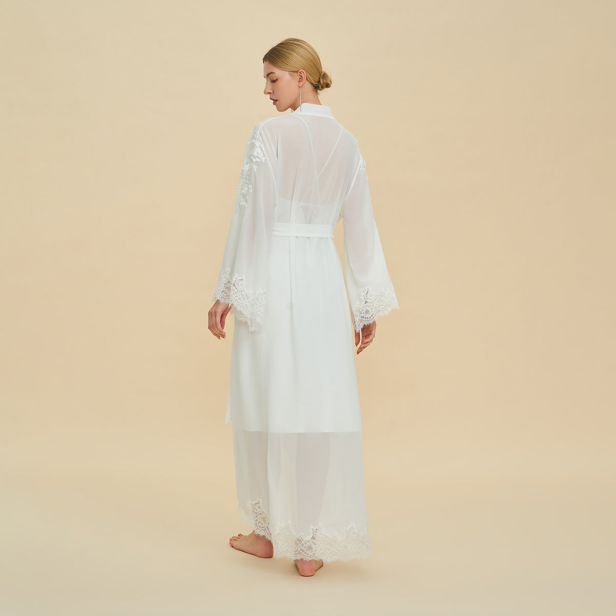 Sheer Chiffon Robe with Floral Lace Hem