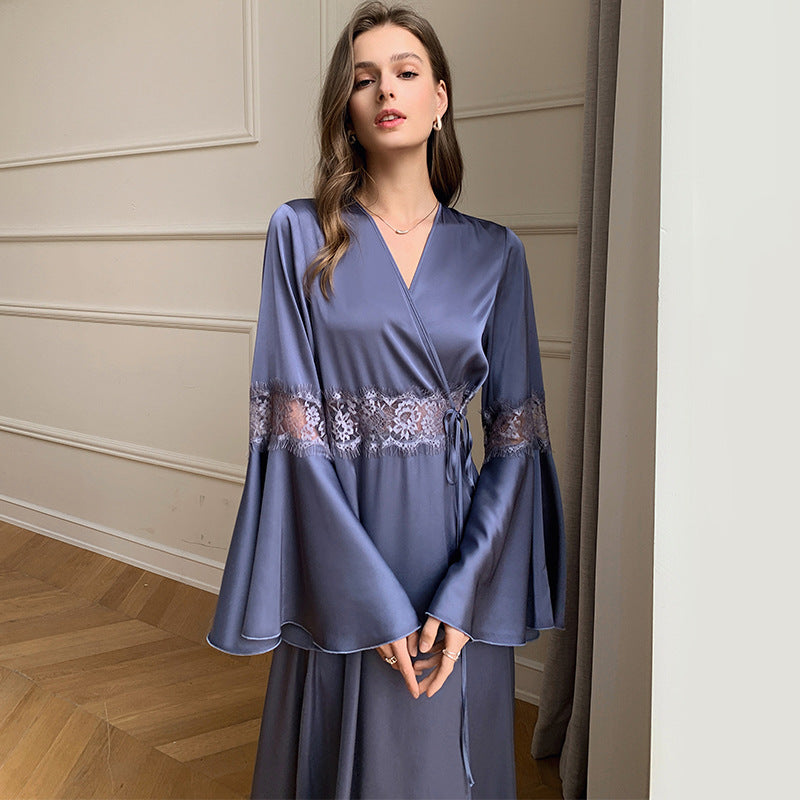 Long Satin Wrap Robe with Lace Bell Sleeves