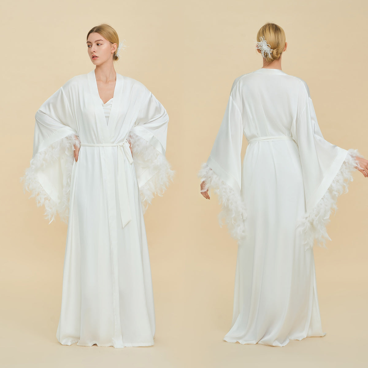 Floor Length Feather Trim Kimono Robe