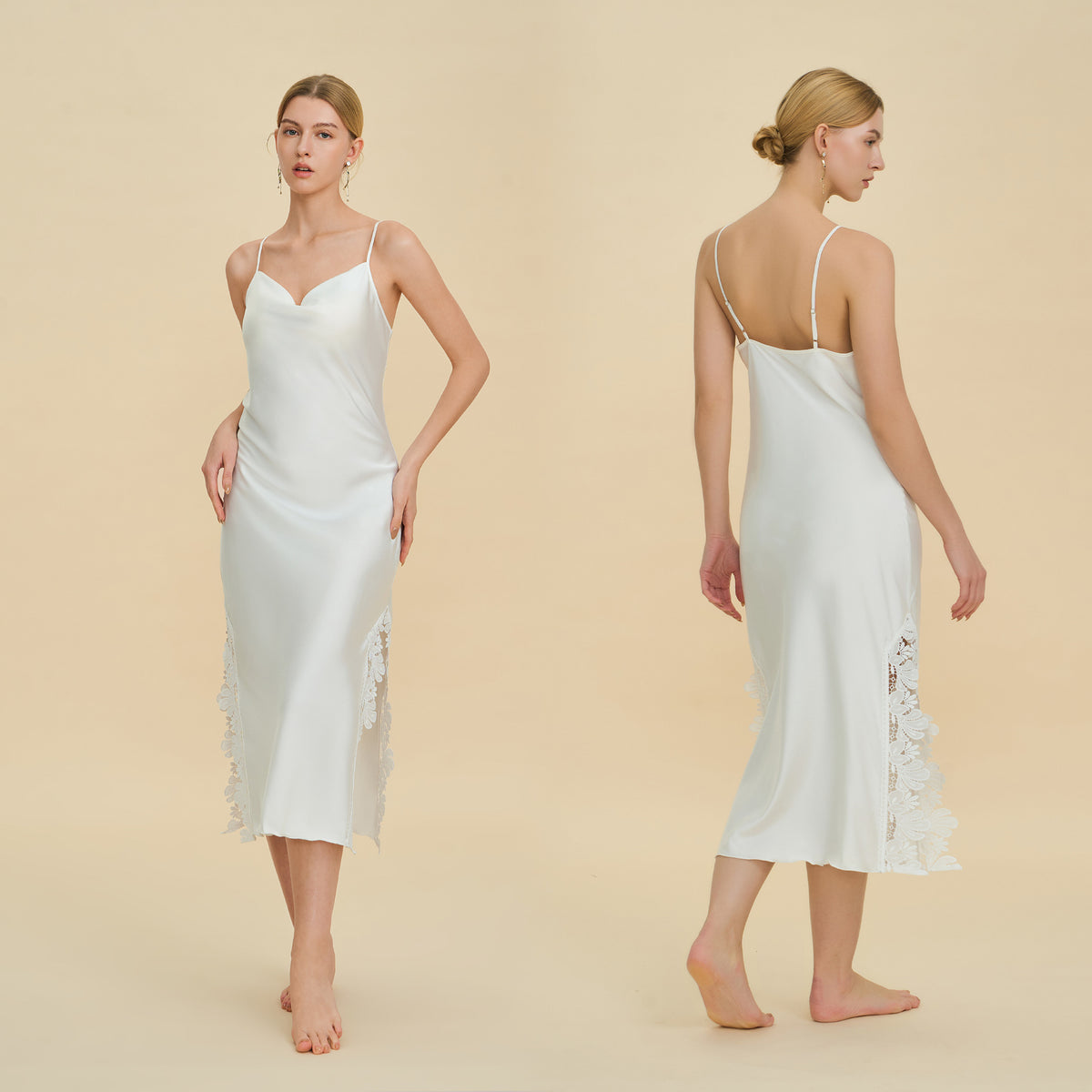 Cowl Neck Midi Slip Dress with Ruffled Slit