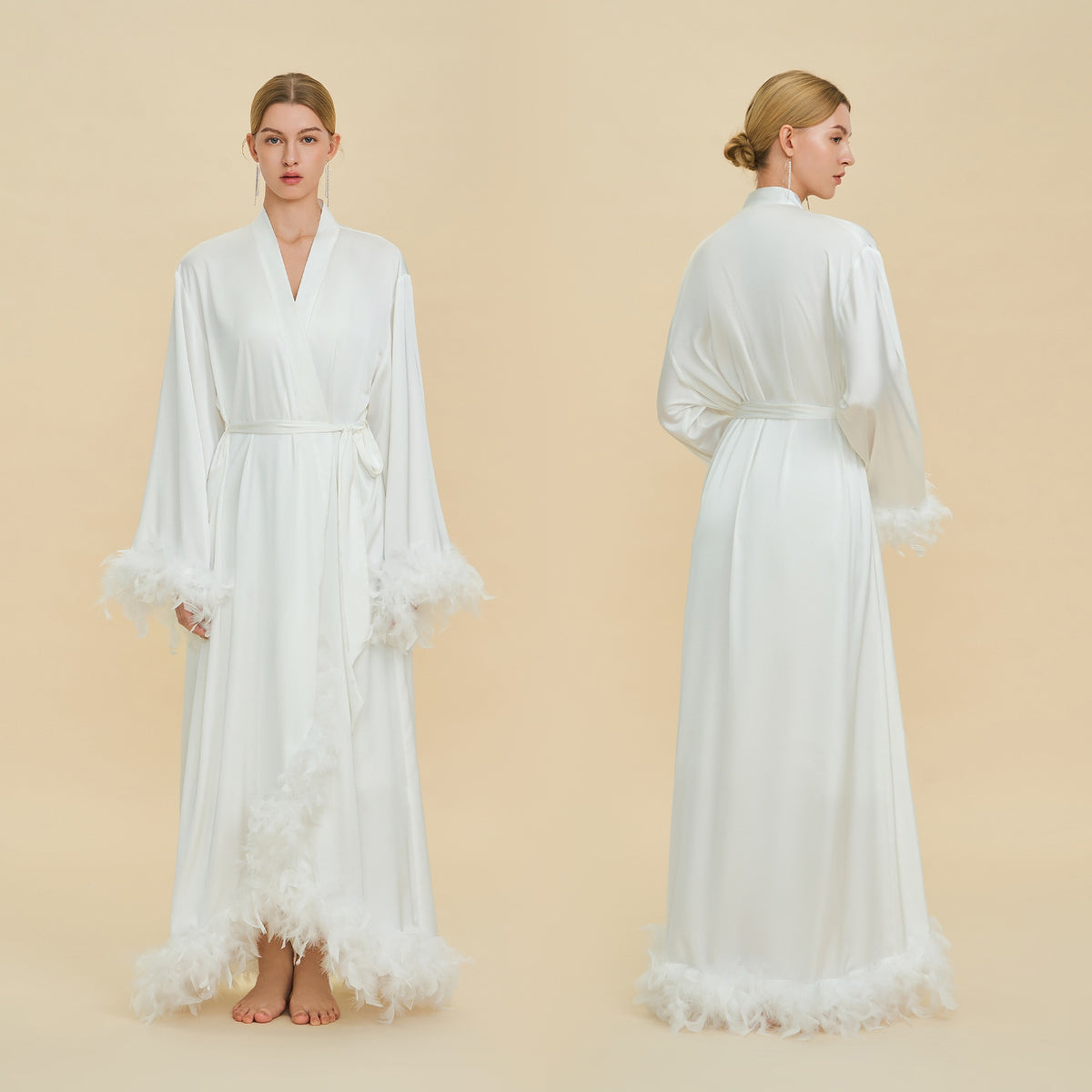 Floor Length Feather Trim Kimono Robe