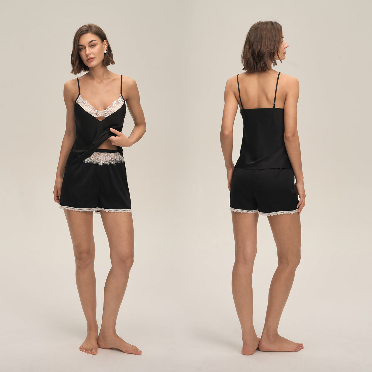 Lace Trim Satin Camisole and Shorts Set