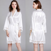 Short Satin Kimono Robe with Lace Trim