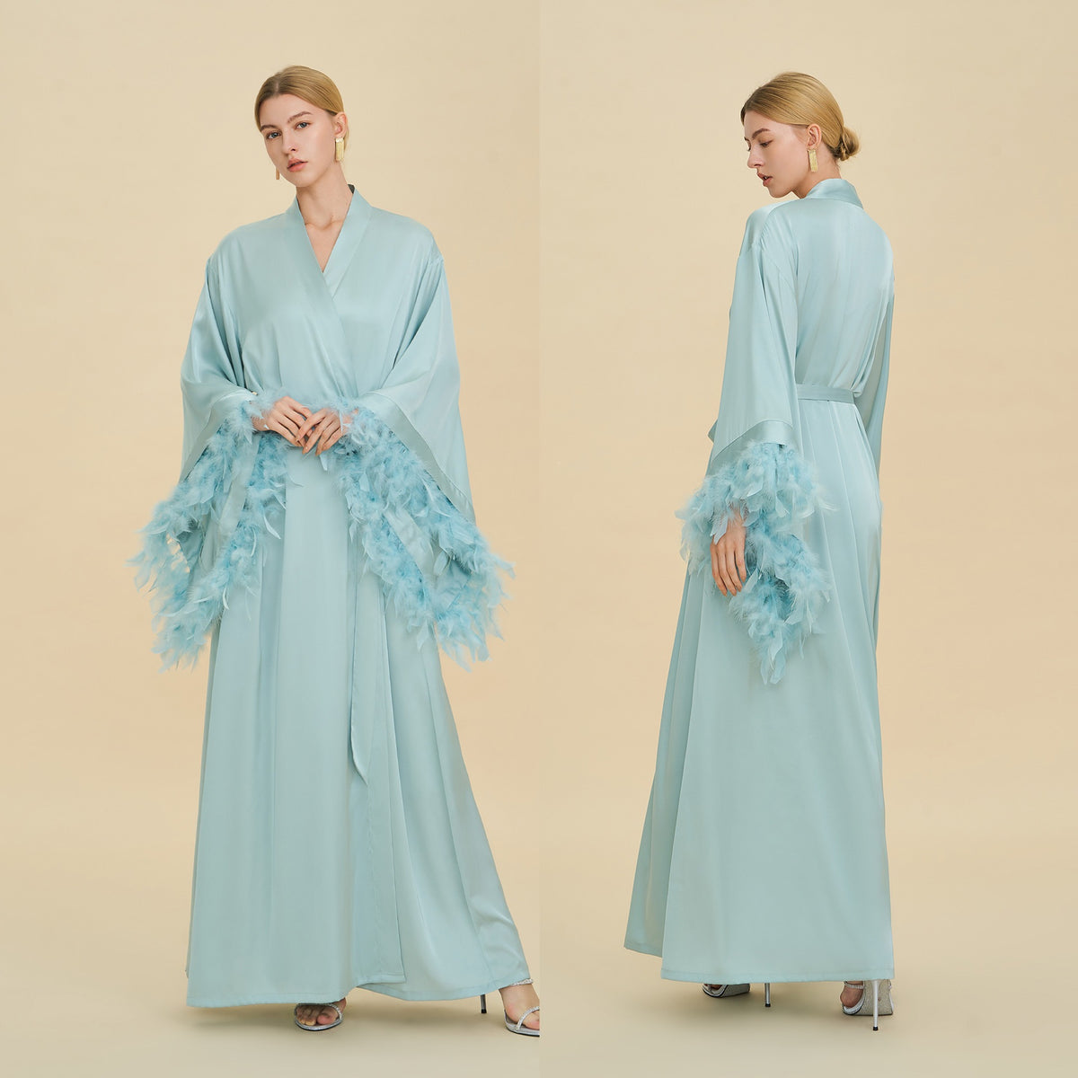 Floor Length Feather Trim Kimono Robe