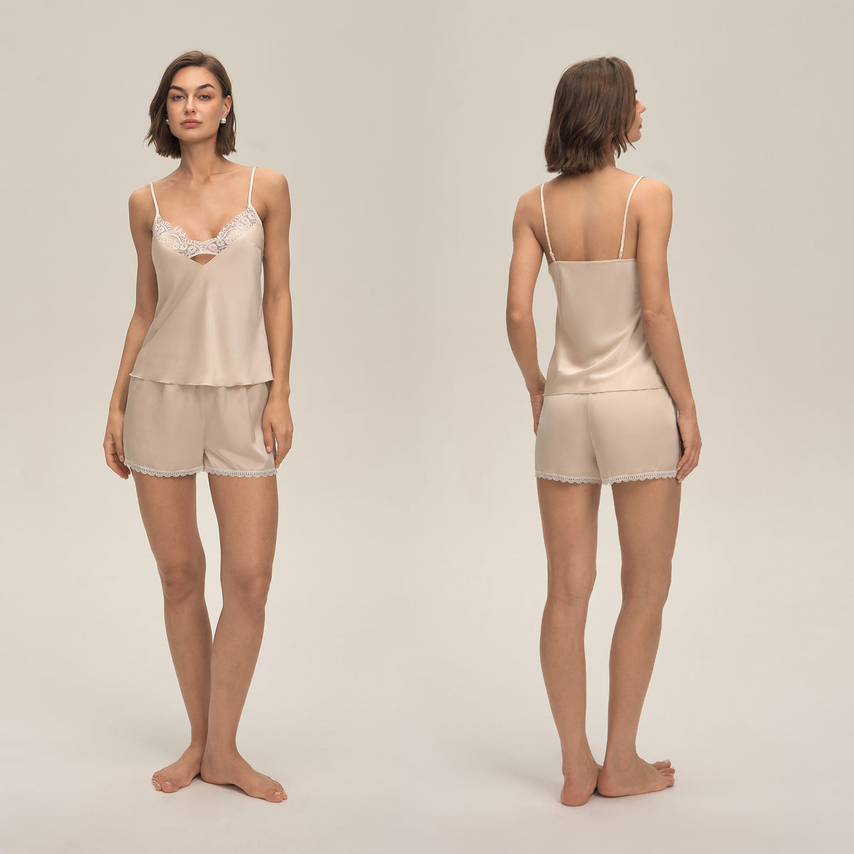 Lace Trim Satin Camisole and Shorts Set