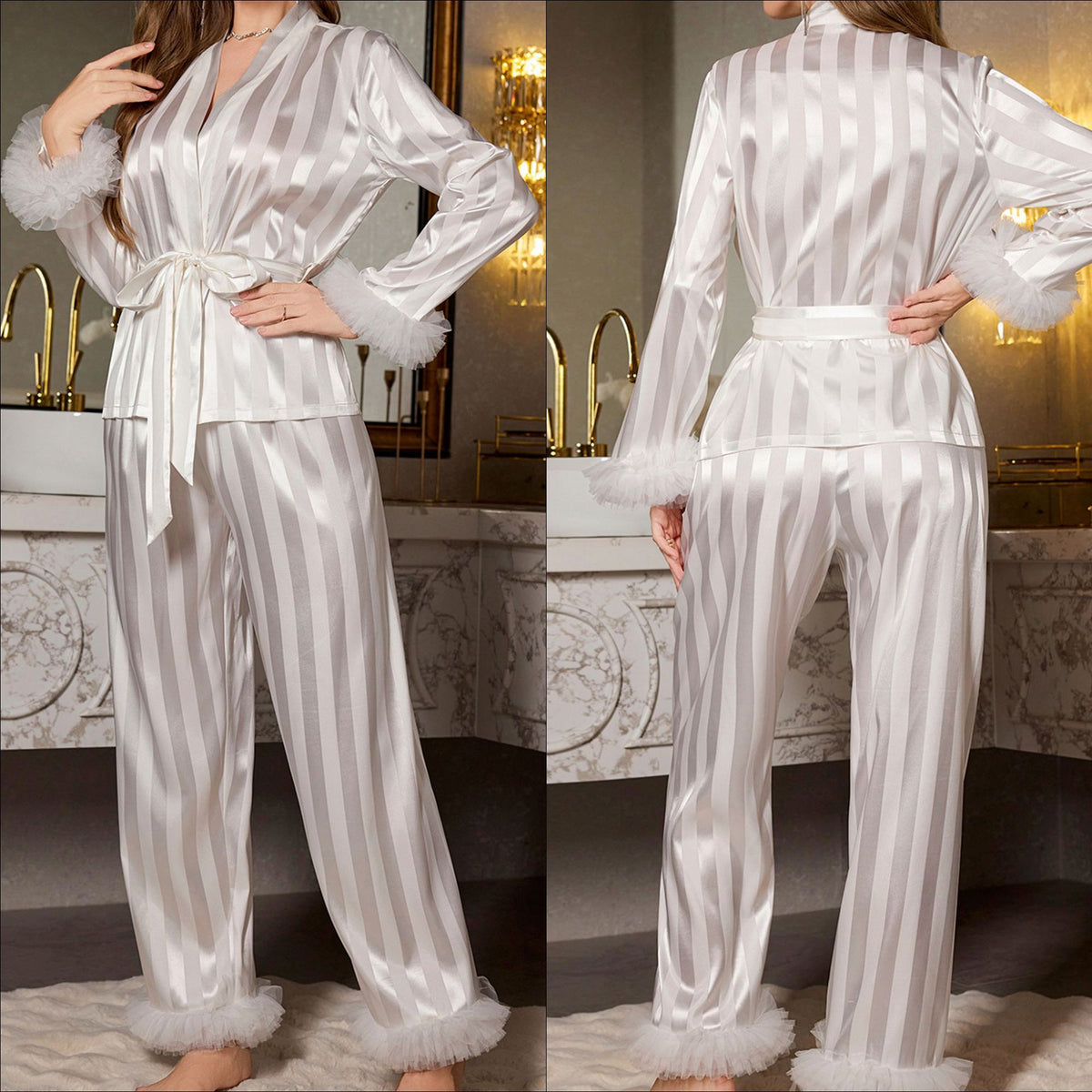 Feather Trim Satin Wrap Pajama Set