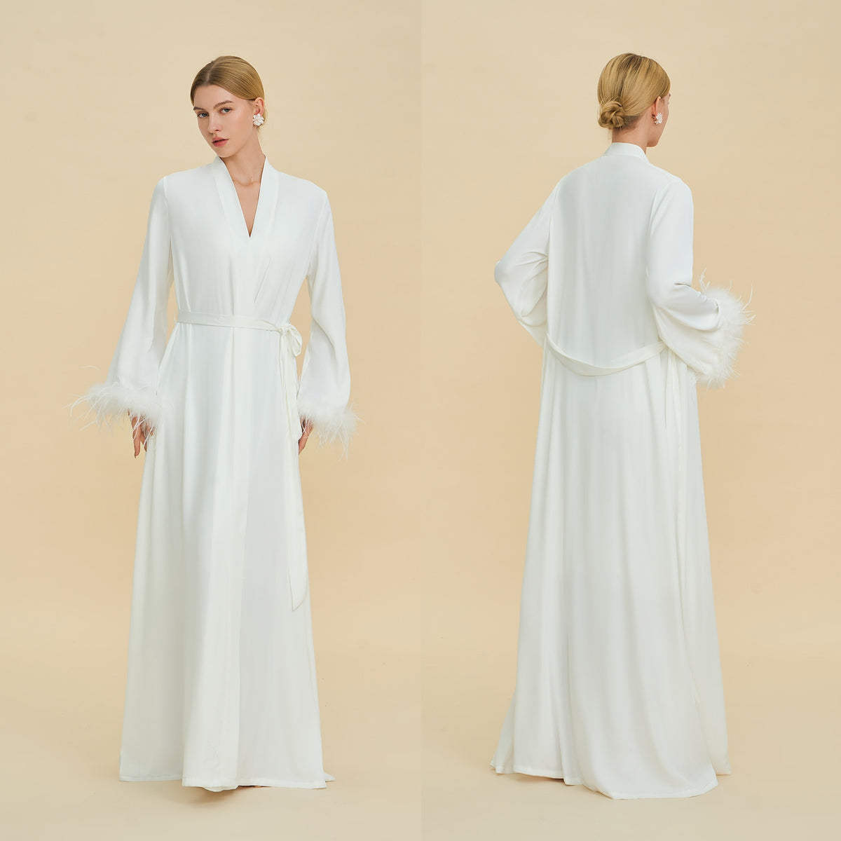 Floor Length Feather Trim Kimono Robe