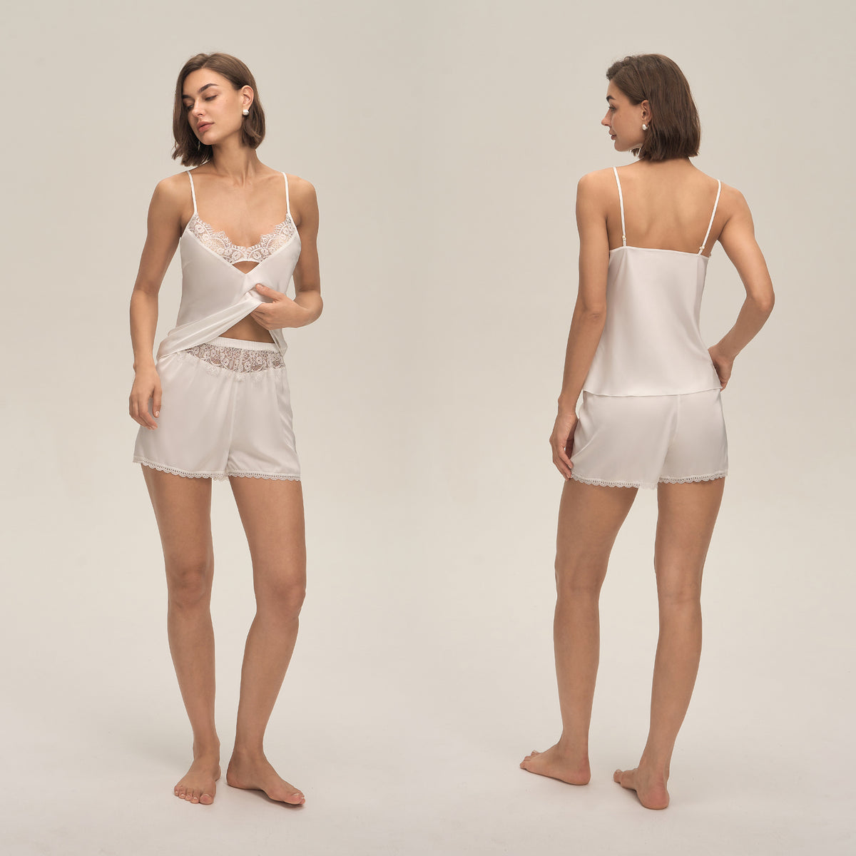 Lace Trim Satin Camisole and Shorts Set