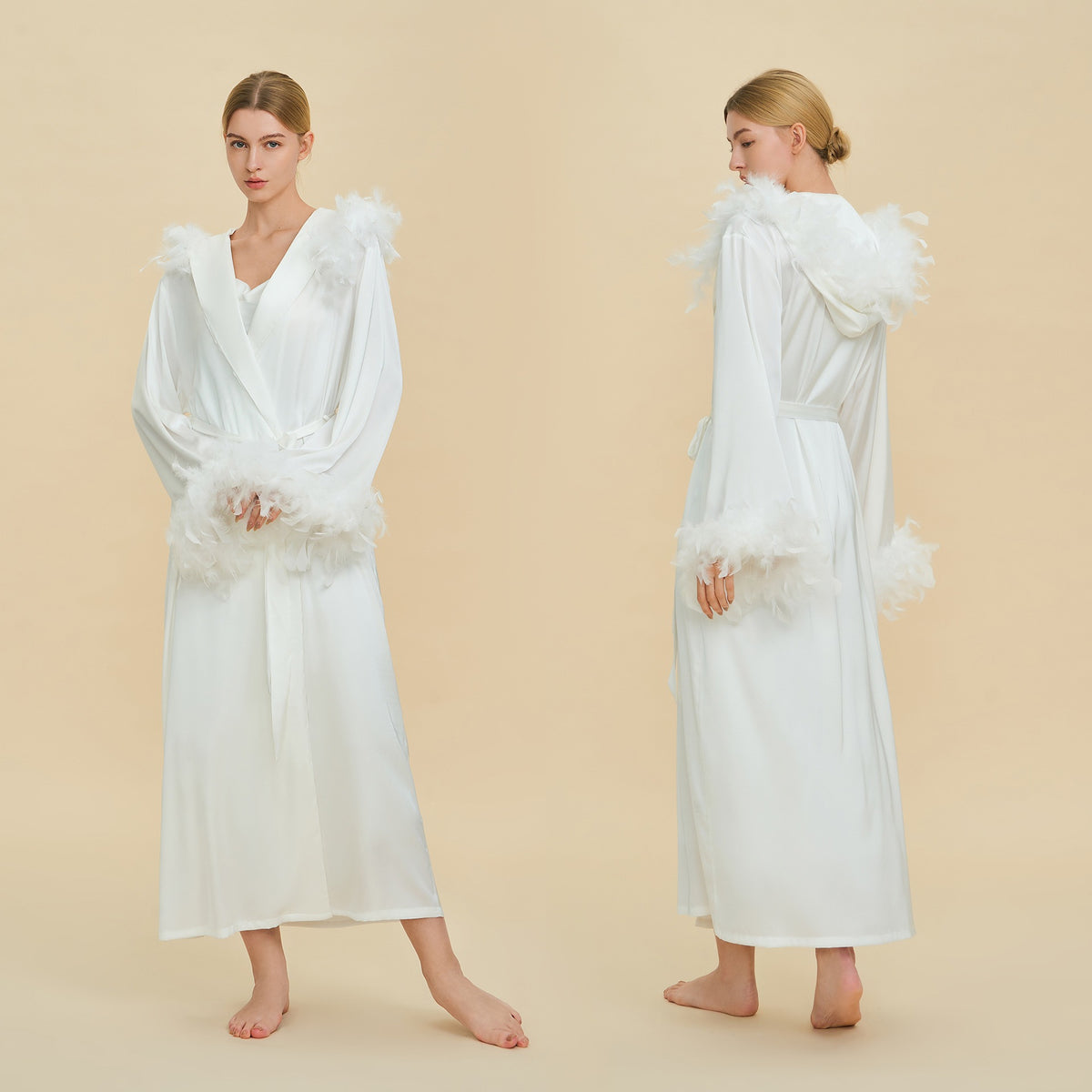 Floor Length Feather Trim Kimono Robe